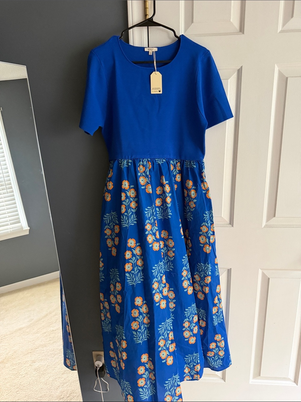 JODIFL Royal Blue Midi Dress with Orange Floral Print